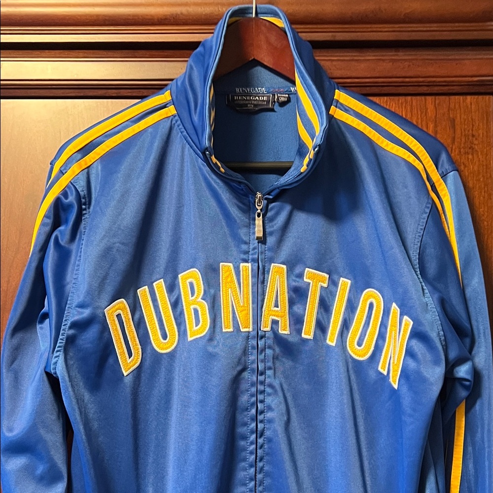 NBA SF Golden State Dub Nation Blue & Gold Striped Arms Zip Up Fleece Jacket!